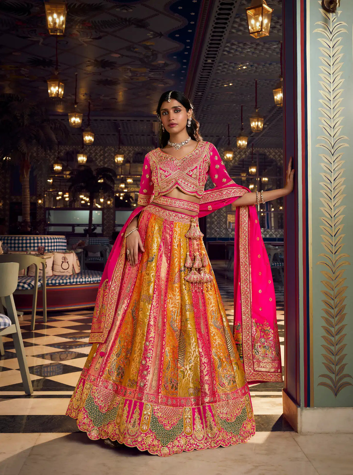 Pink Multicolor Banarasi Silk Heavy Embroidery Lehenga