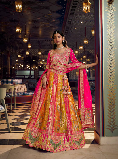 Pink Multicolor Banarasi Silk Heavy Embroidery Lehenga