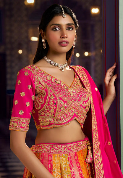 Pink Multicolor Banarasi Silk Heavy Embroidery Lehenga