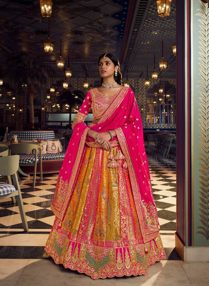 Pink Multicolor Banarasi Silk Heavy Embroidery Lehenga
