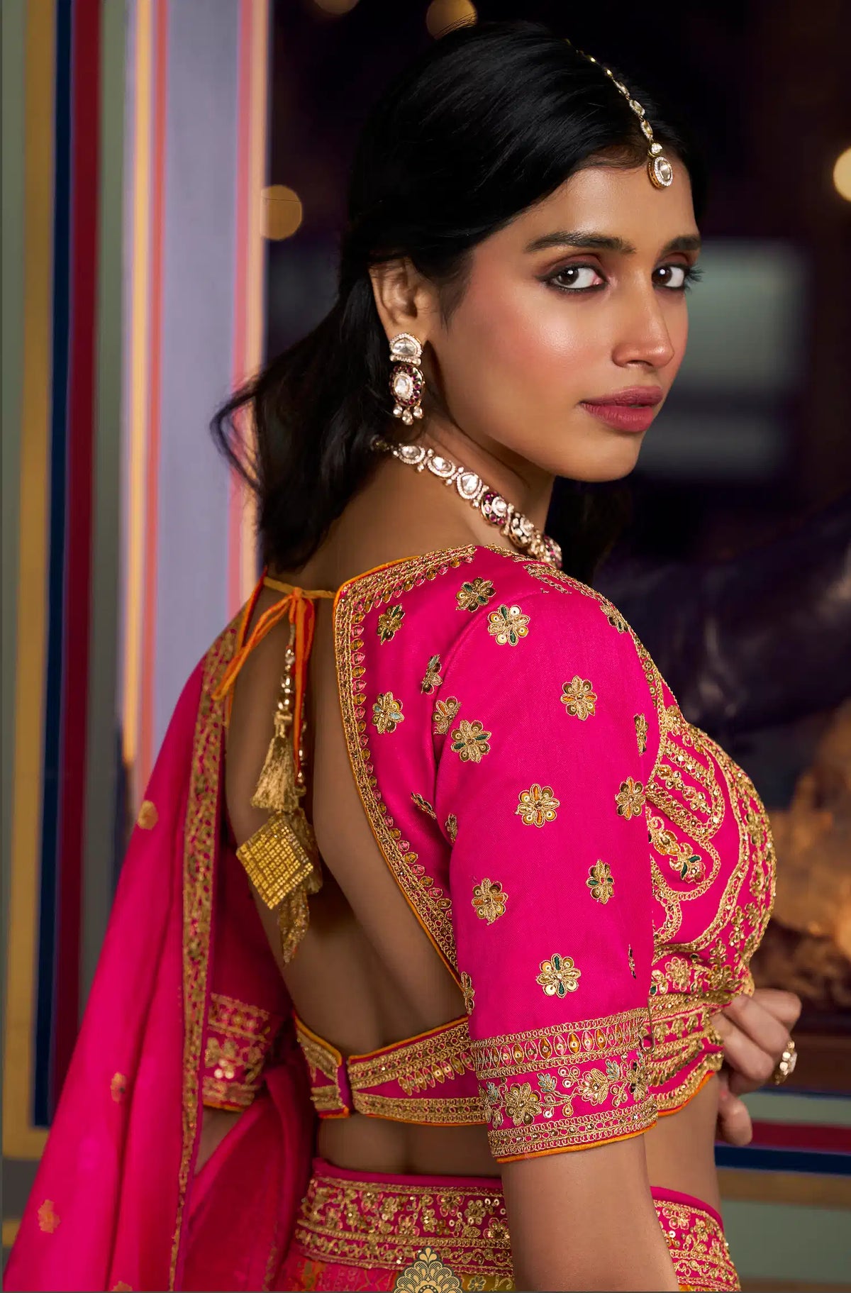Pink Multicolor Banarasi Silk Heavy Embroidery Lehenga