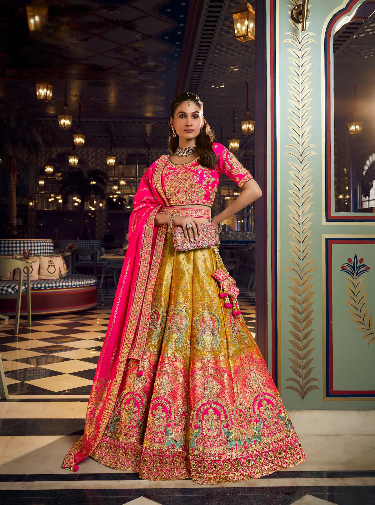 Mustard Gold-Pink Banarasi Silk Heavy Embroidery Lehenga