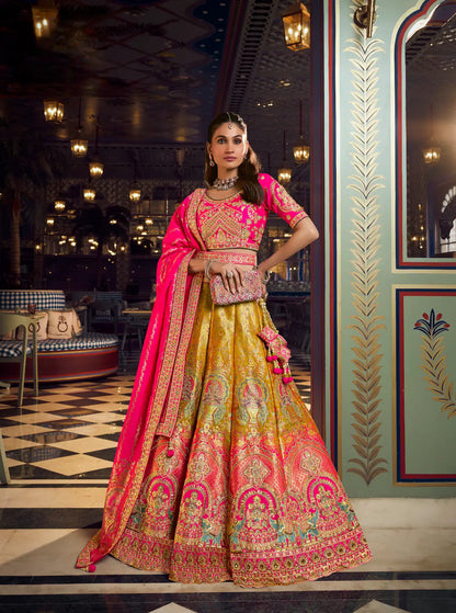 Mustard Gold-Pink Banarasi Silk Heavy Embroidery Lehenga