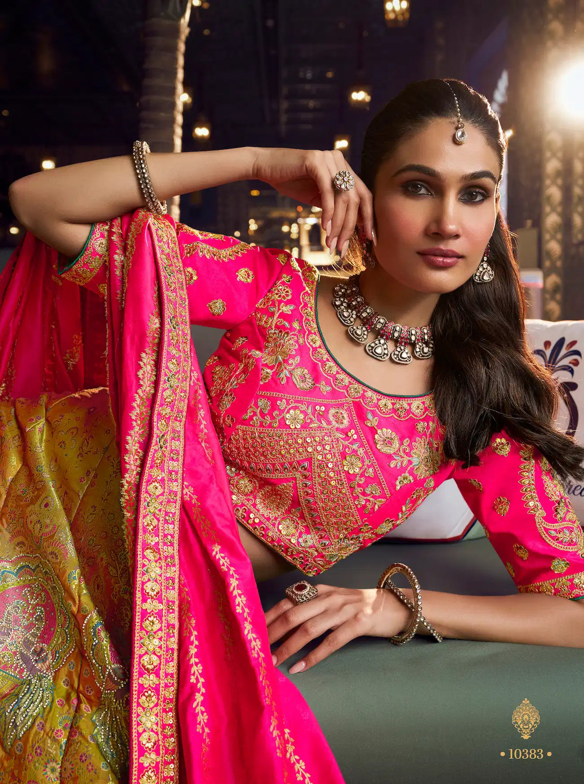 Mustard Gold-Pink Banarasi Silk Heavy Embroidery Lehenga