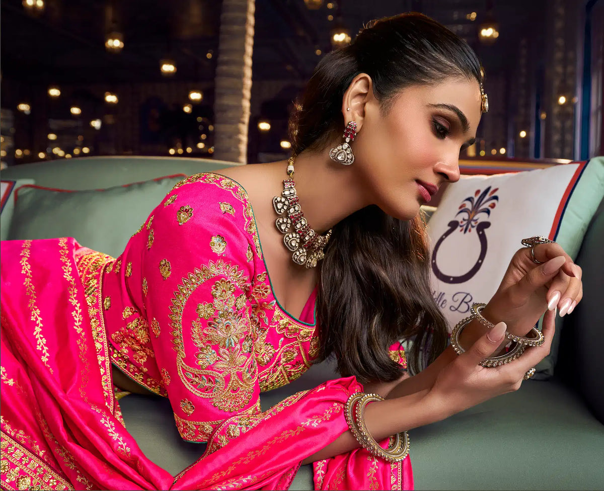 Mustard Gold-Pink Banarasi Silk Heavy Embroidery Lehenga
