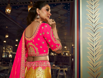 Mustard Gold-Pink Banarasi Silk Heavy Embroidery Lehenga