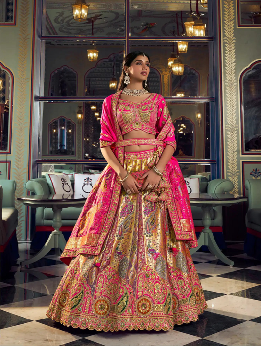 Golden-Pink Banarasi Silk Heavy Embroidery Lehenga