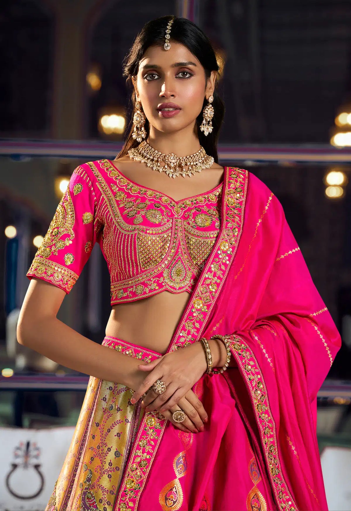 Golden-Pink Banarasi Silk Heavy Embroidery Lehenga