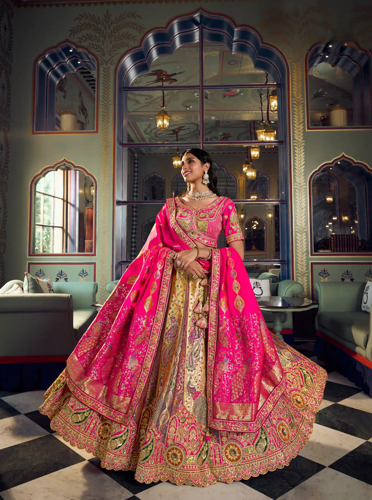 Golden-Pink Banarasi Silk Heavy Embroidery Lehenga
