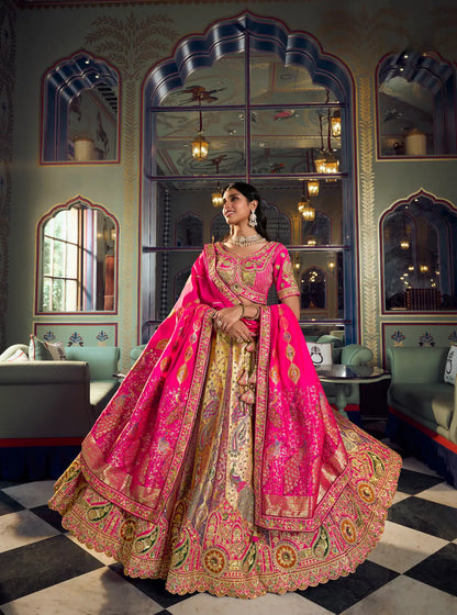 Golden-Pink Banarasi Silk Heavy Embroidery Lehenga