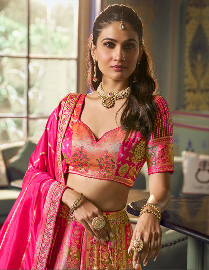 Hot Pink Banarasi Silk Heavy Embroidery Lehenga