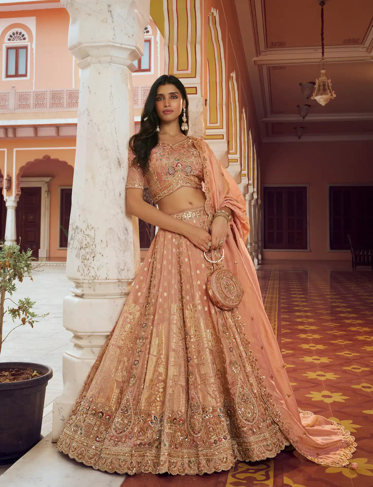 Peach Pink Banarasi Silk Heavy Embroidery Lehenga