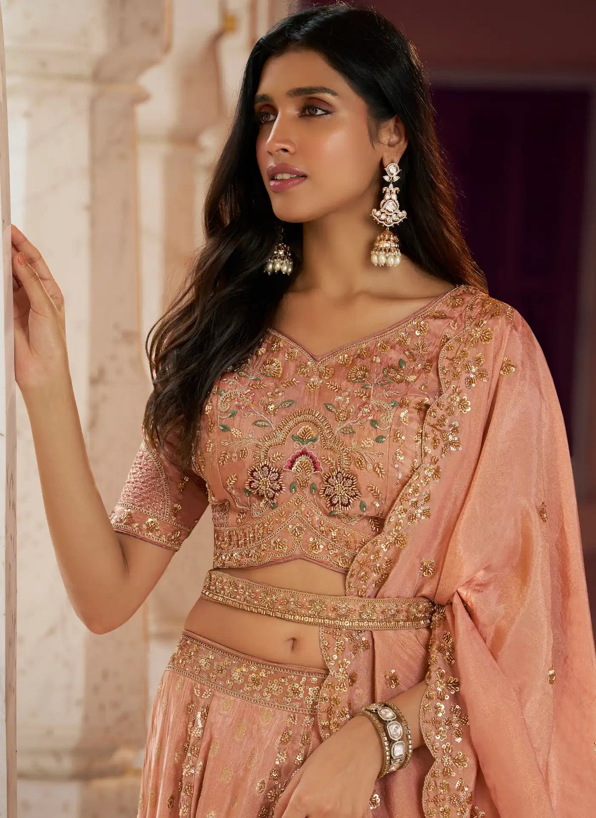 Peach Pink Banarasi Silk Heavy Embroidery Lehenga