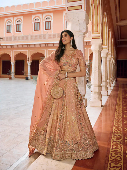 Peach Pink Banarasi Silk Heavy Embroidery Lehenga