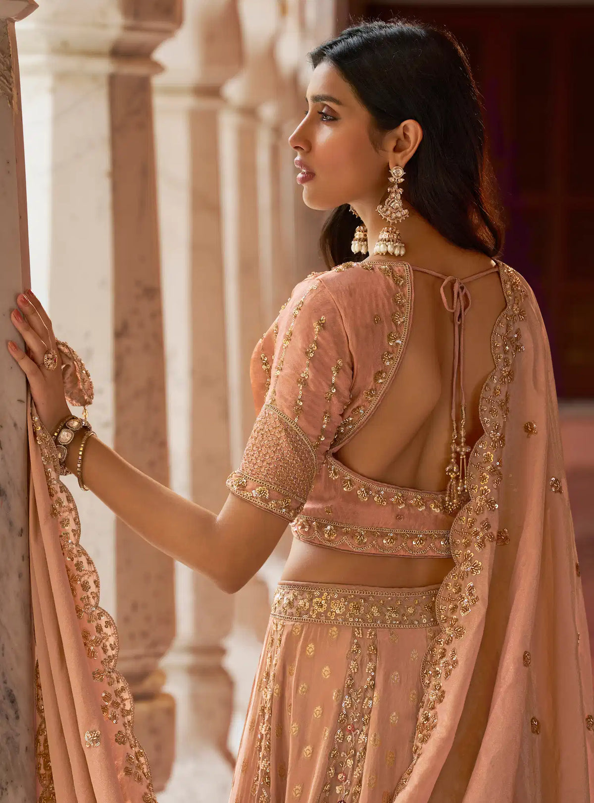 Peach Pink Banarasi Silk Heavy Embroidery Lehenga