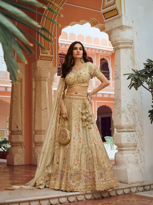 Ivory Gold Banarasi Silk Heavy Embroidery Lehenga