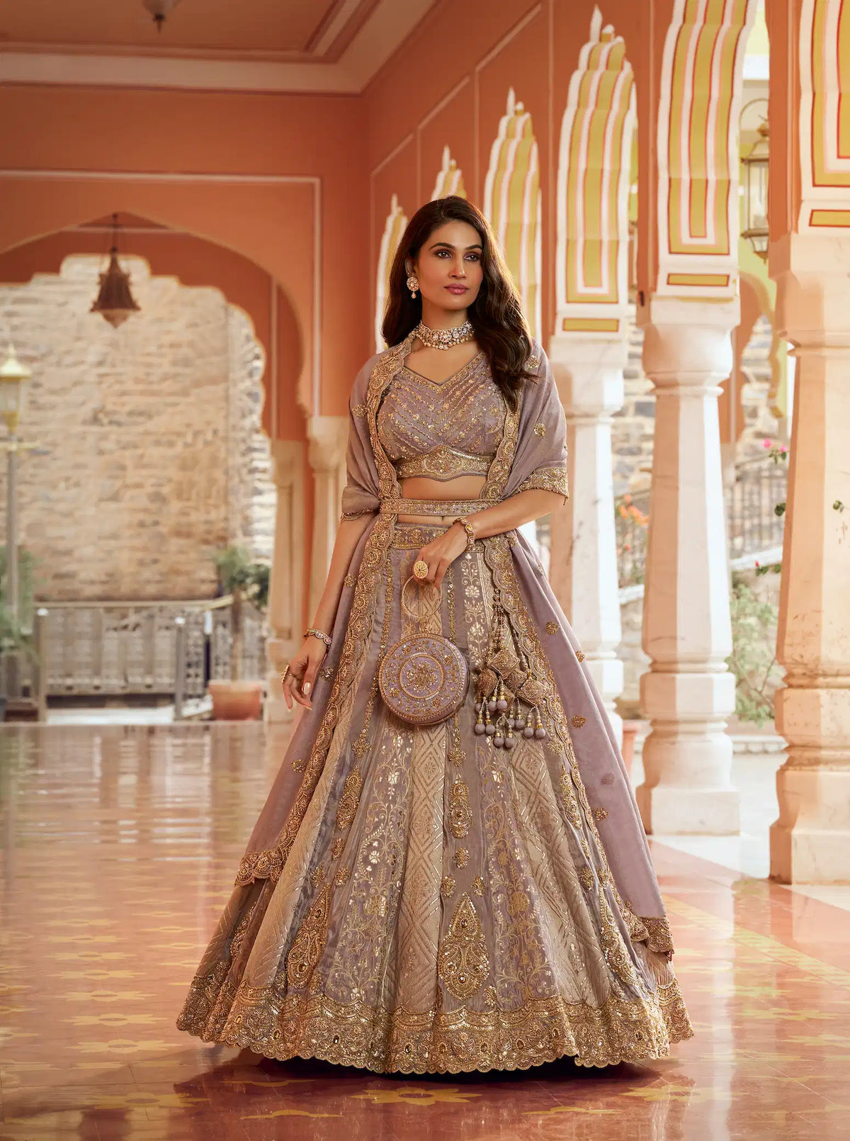 Dusty Mauve Banarasi Silk Heavy Embroidery Lehenga