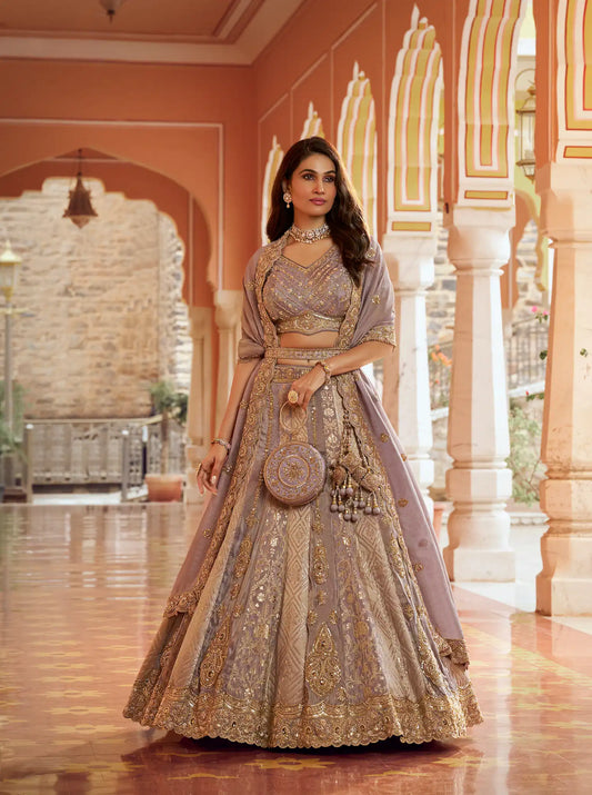 Dusty Mauve Banarasi Silk Heavy Embroidery Lehenga