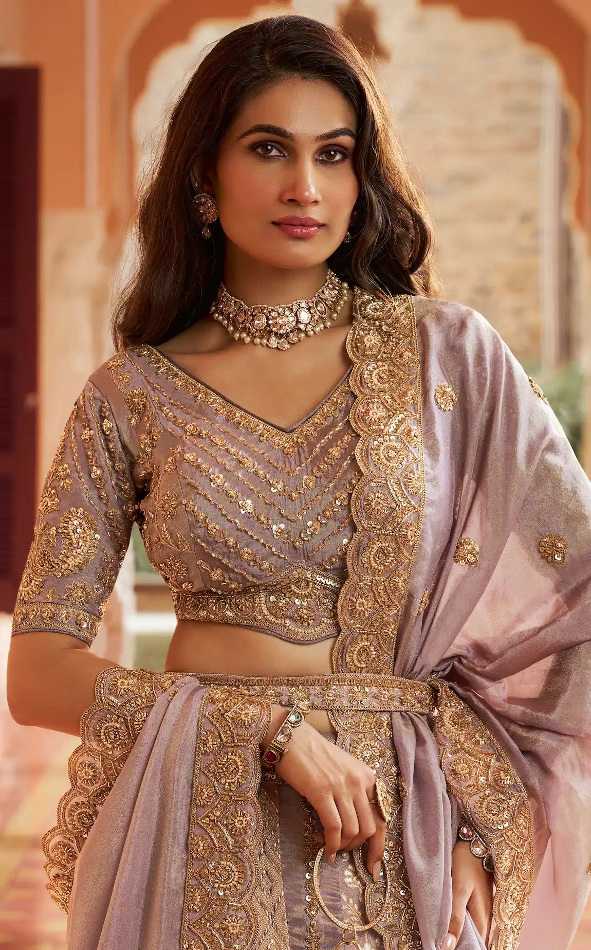 Dusty Mauve Banarasi Silk Heavy Embroidery Lehenga