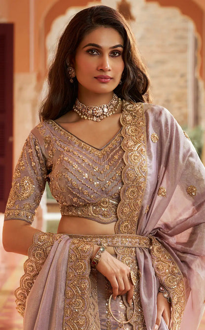 Dusty Mauve Banarasi Silk Heavy Embroidery Lehenga
