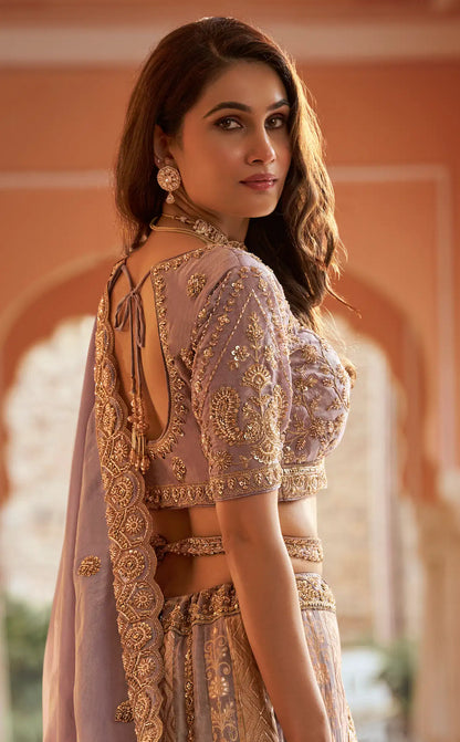 Dusty Mauve Banarasi Silk Heavy Embroidery Lehenga