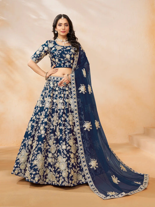 Navy blue art silk lehenga choli with thread and sequence embroidery work full view