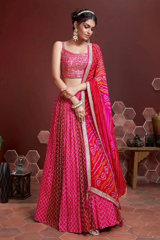 Tulip Pink Lehenga With Digital Print And Heavy Embroidery Sequins Work With Real Mirror Work