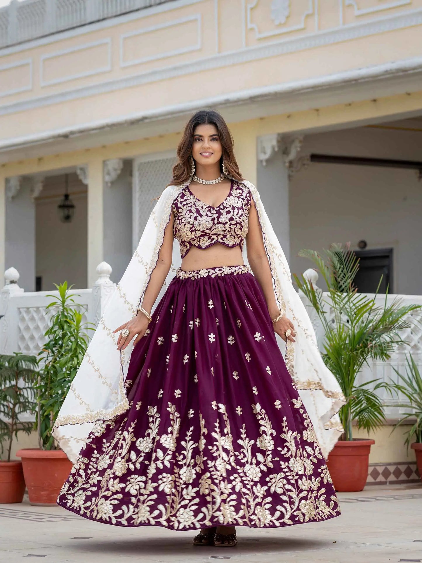 Wine Georgette Embroidered Lehenga Choli