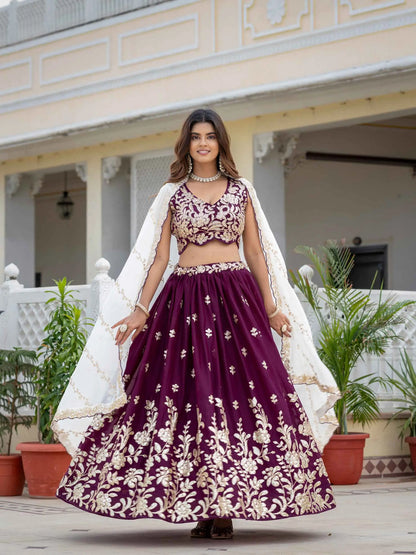 Wine Georgette Embroidered Lehenga Choli