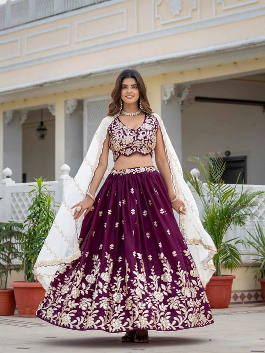Wine Georgette Embroidered Lehenga Choli