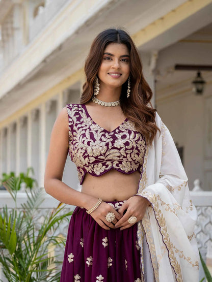 Wine Georgette Embroidered Lehenga Choli