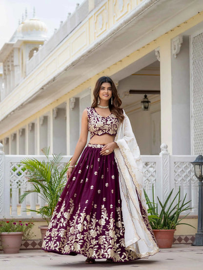 Wine Georgette Embroidered Lehenga Choli