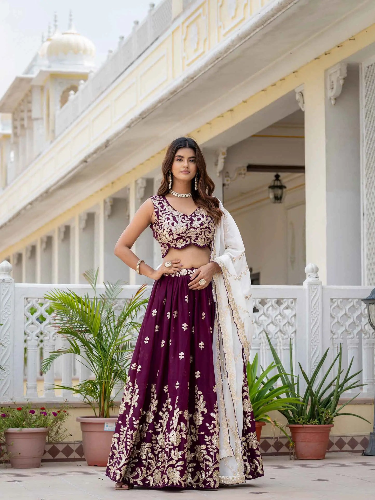 Wine Georgette Embroidered Lehenga Choli