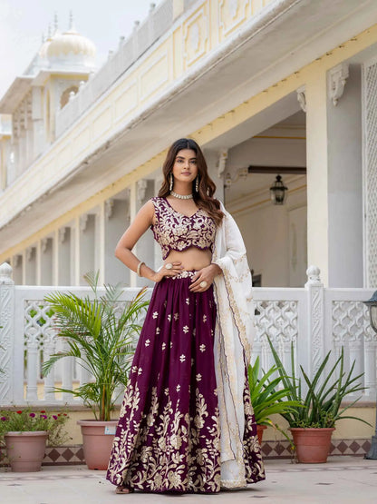 Wine Georgette Embroidered Lehenga Choli