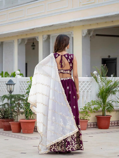 Wine Georgette Embroidered Lehenga Choli