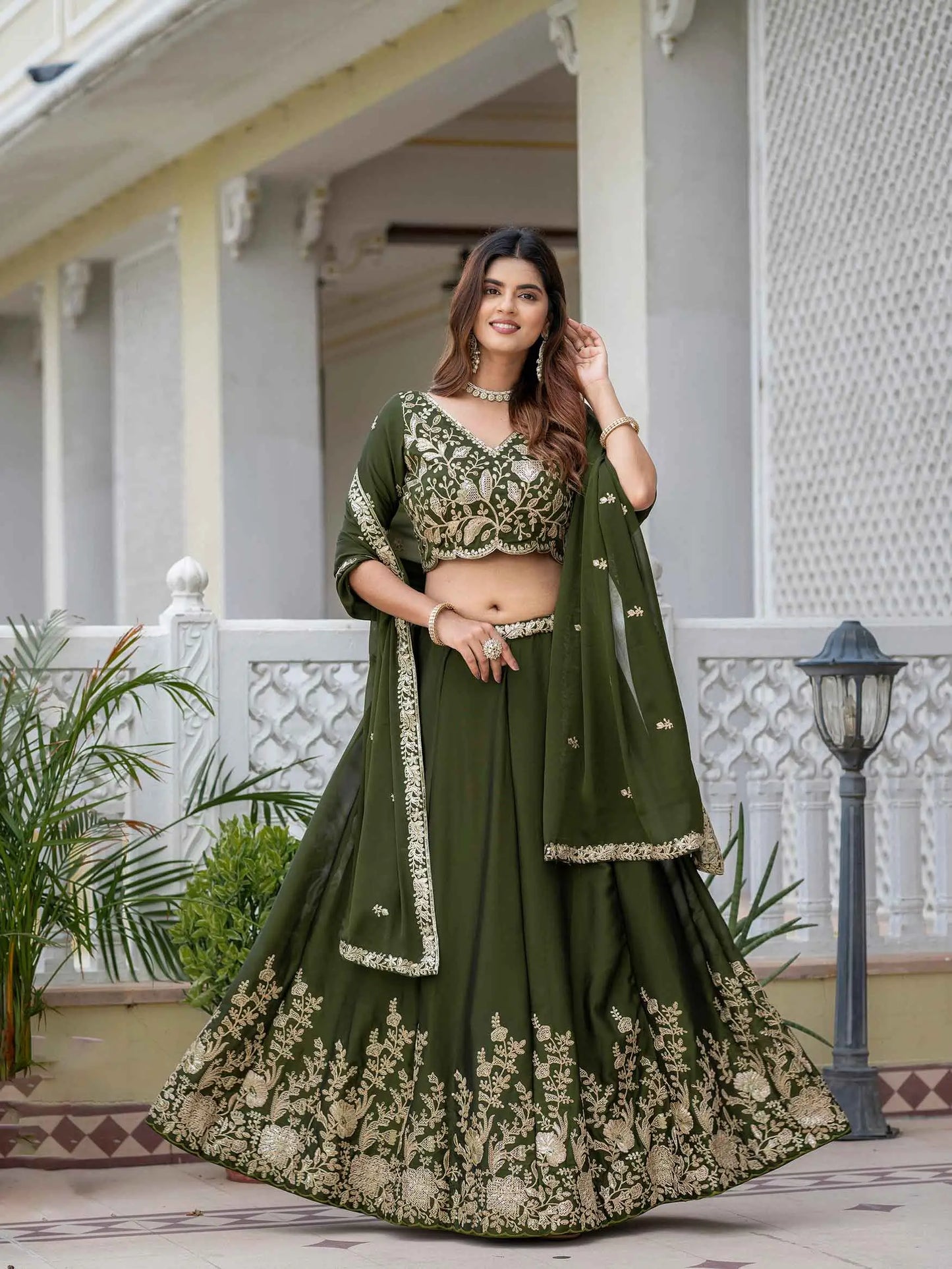 Mehndi Embroidered Silk Lehenga Choli