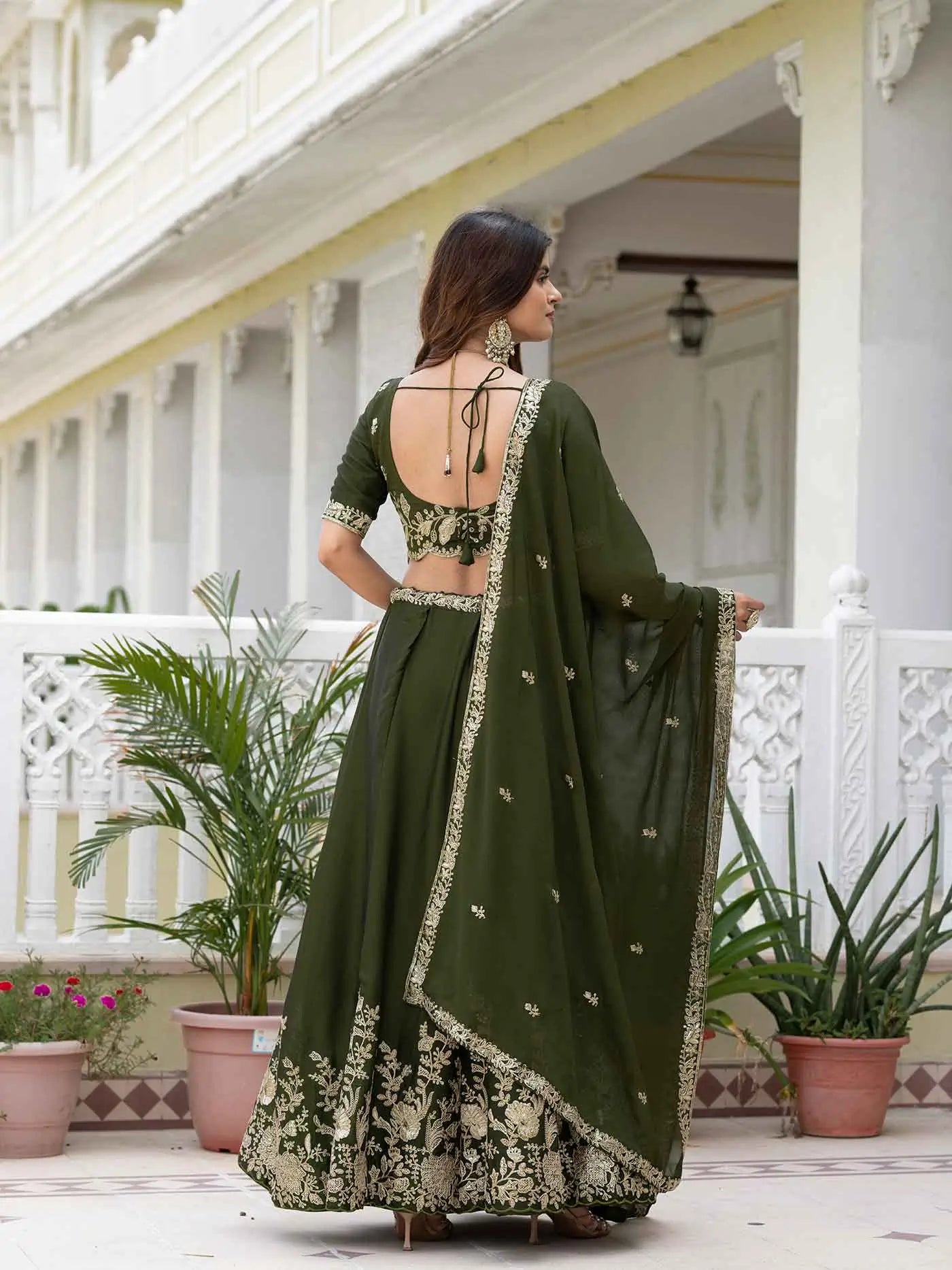 Mehndi Embroidered Silk Lehenga Choli