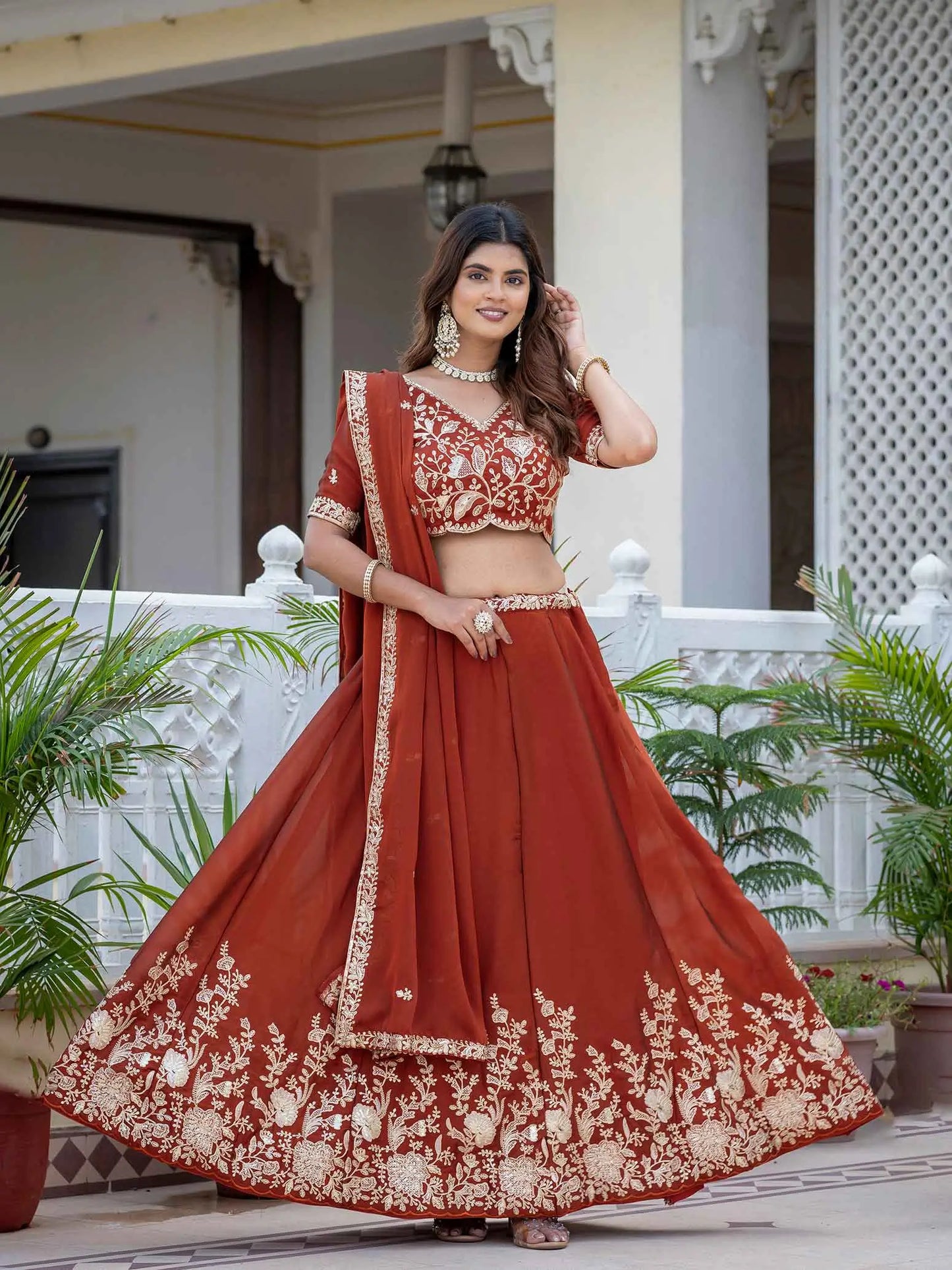 Rust Embroidered Silk Lehenga Choli