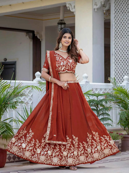 Rust Embroidered Silk Lehenga Choli
