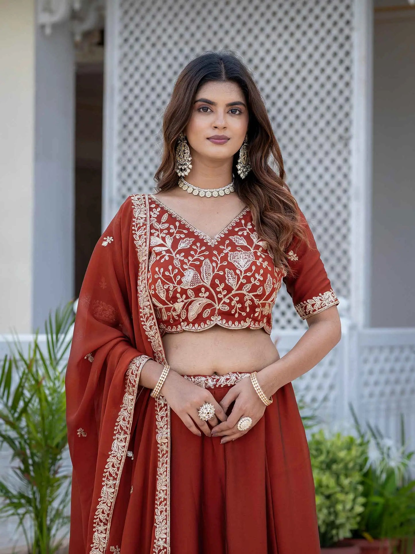 Rust Embroidered Silk Lehenga Choli