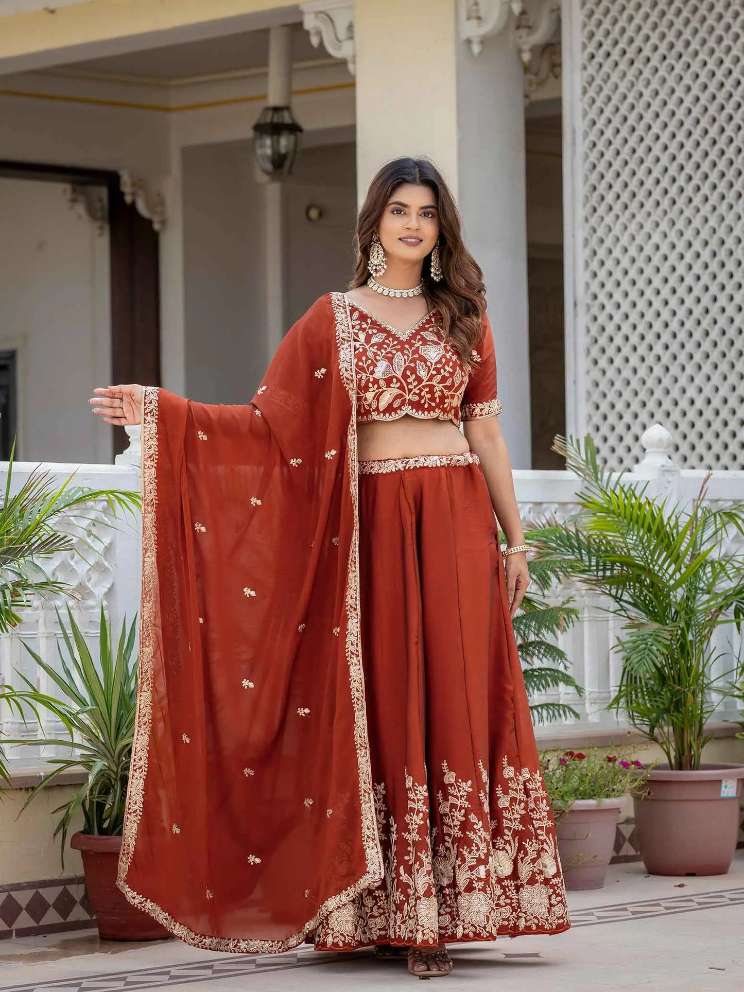 Rust Embroidered Silk Lehenga Choli