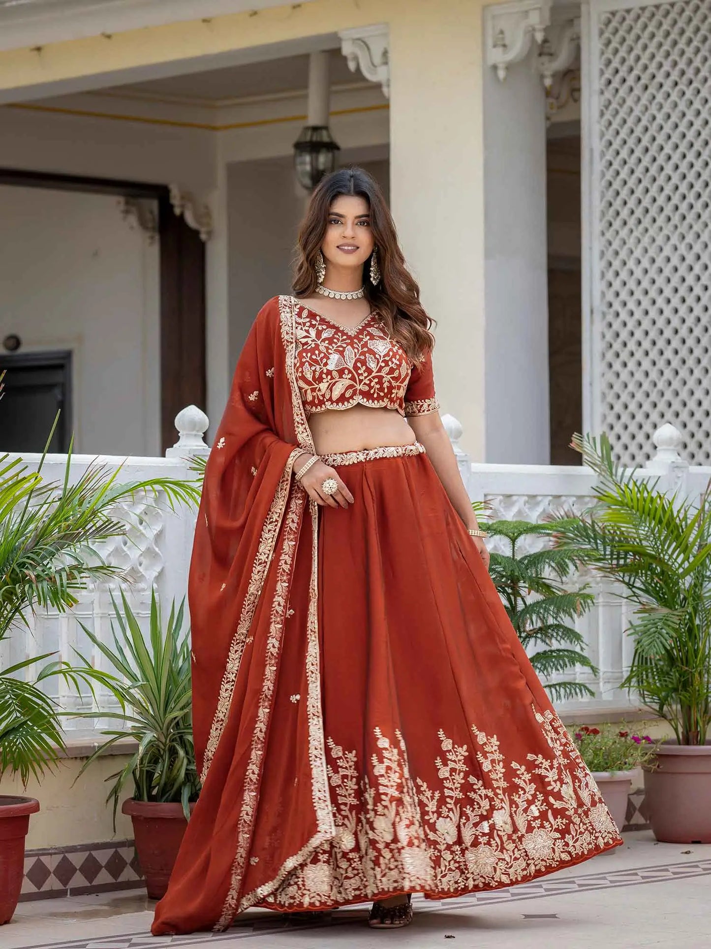 Rust Embroidered Silk Lehenga Choli