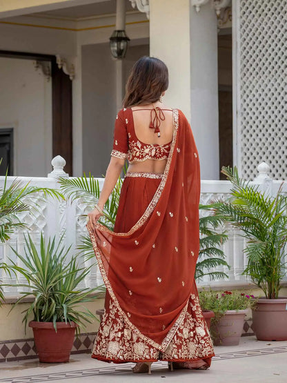 Rust Embroidered Silk Lehenga Choli