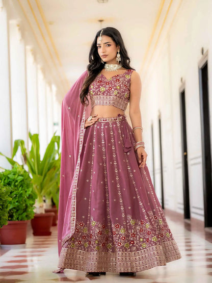 Peach Embroidery Work Lehenga Choli