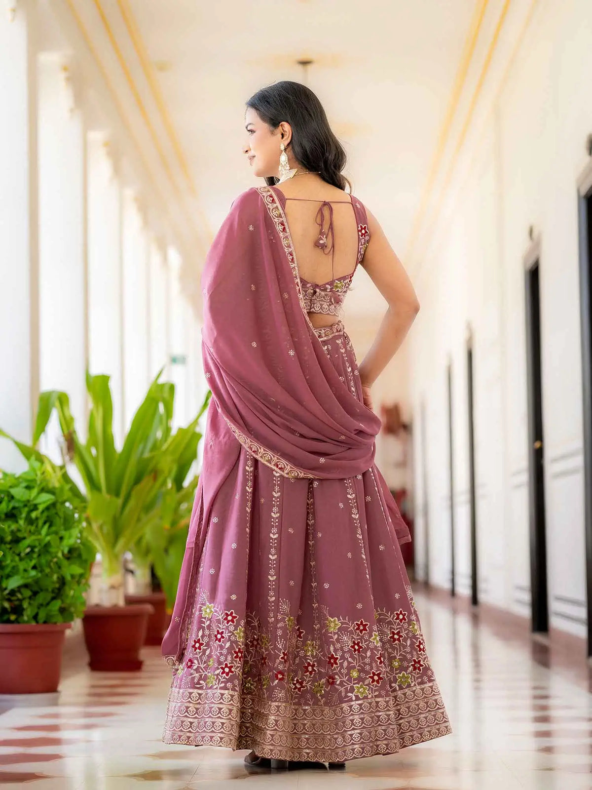Peach Embroidery Work Lehenga Choli