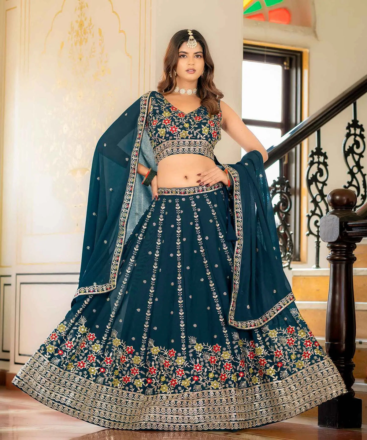 Dark Teal Blue Embroidered Lehenga Choli