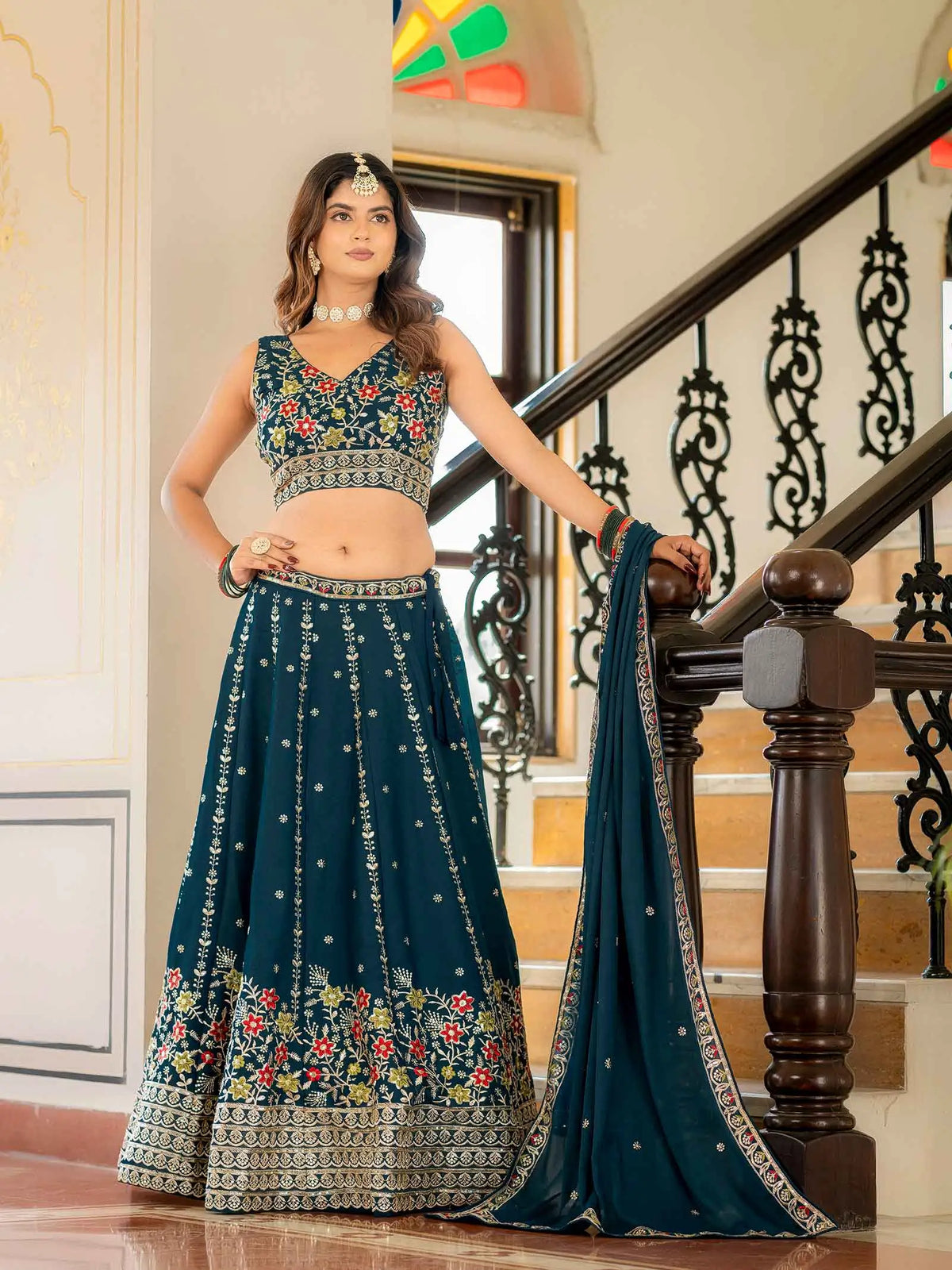 Dark Teal Blue Embroidered Lehenga Choli
