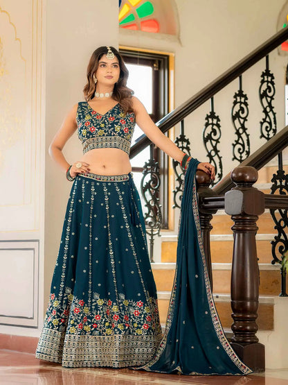 Dark Teal Blue Embroidered Lehenga Choli