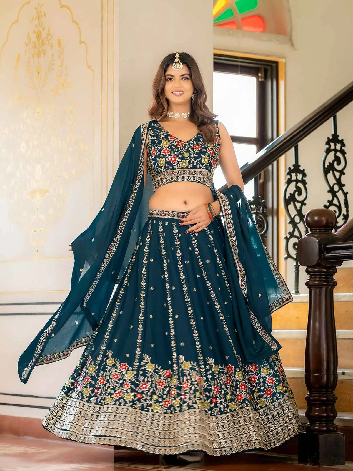 Dark Teal Blue Embroidered Lehenga Choli