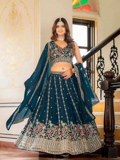 Dark Teal Blue Embroidered Lehenga Choli